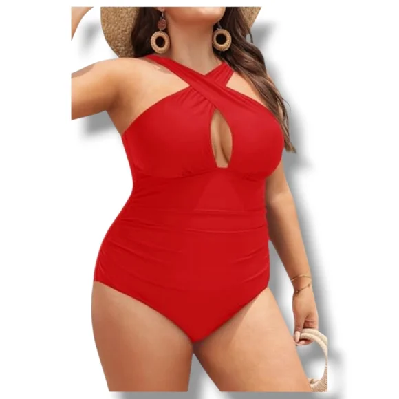 DACI - XL Raging Red Keyhole Criss Cross Halter Swimsuit - Picture 2 of 8
